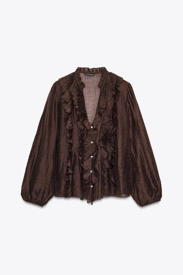 Zara RUFFLED BLOUSE - Brown - Image 0