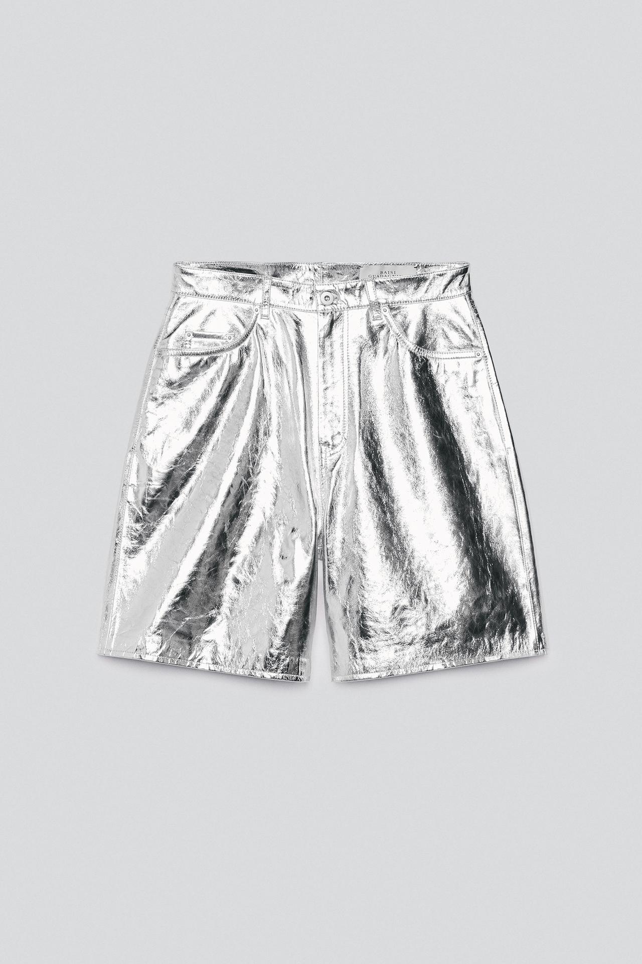 METALLIC EFFECT LEATHER BERMUDAS — Silver
