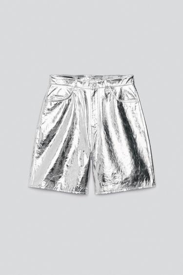 METALLIC EFFECT LEATHER BERMUDAS — Silver 1