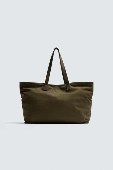 LEATHER TOTE BAG - Khaki Green by Zara