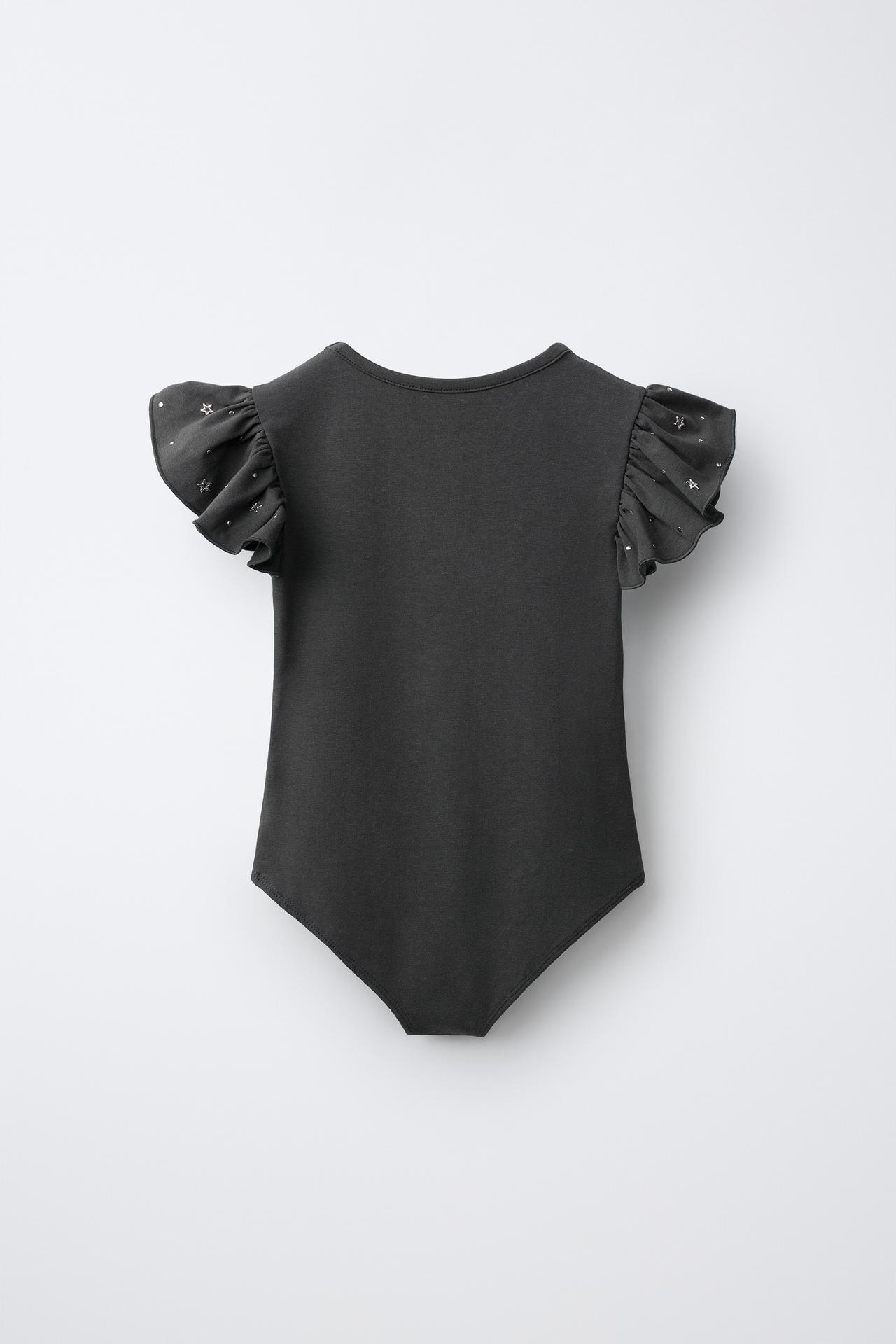 STUDDED RUFFLE SLEEVE BODYSUIT — Anthracite grey