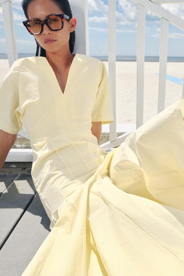 Zara 府綢洋裝 ZW COLLECTION - 淺黃色