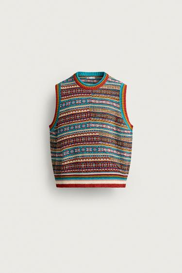 PATCHWORK JACQUARD KNIT VEST - Turquoise by Zara
