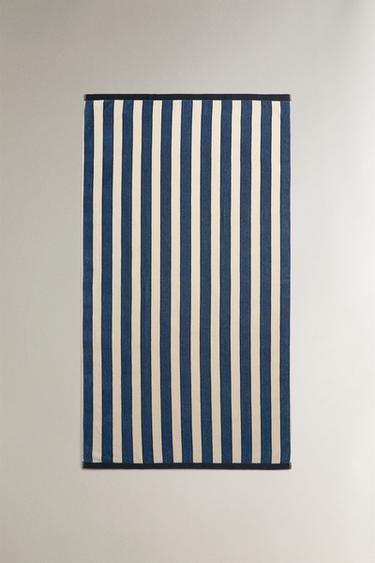STRIPED VELOUR BEACH TOWEL — Mid-blue 2