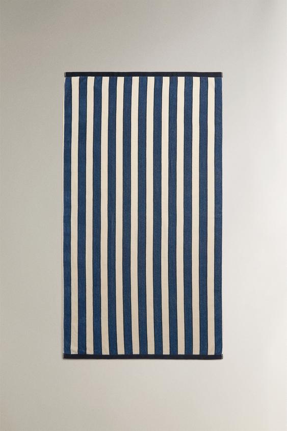 Zara STRIPED VELOUR BEACH TOWEL - Mid-blue - Image 0