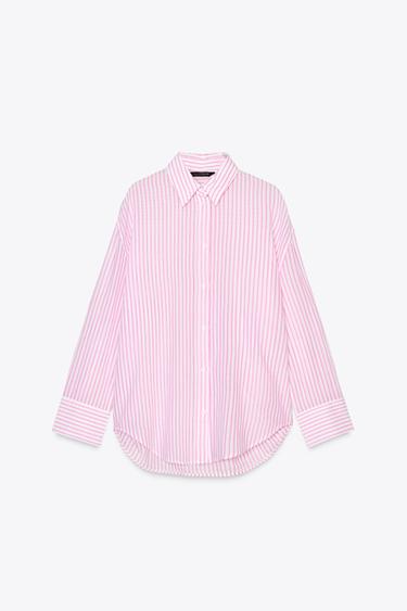 OVERSIZE STRIPED GAUZE SHIRT - White / Pink by Zara