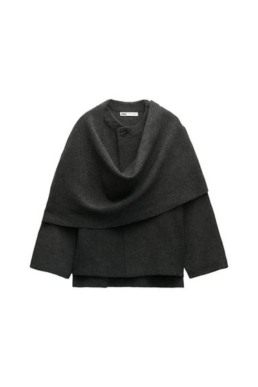 CROP KNIT COAT WITH ASYMMETRICAL SCARF