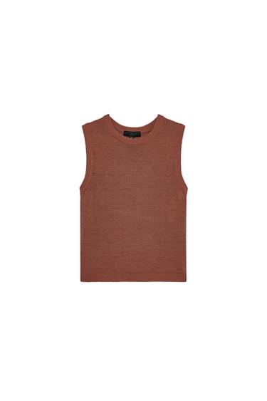 Front view of brown tank top, crew neck.