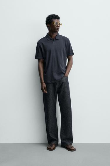 POLO REGULAR FIT KATUN - LINEN - Biru navy gelap dari Zara - Gambar 0