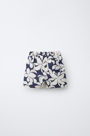 SHORT IMPRIMÉ FLEURS AVEC COTON ET LIN - Bleu marine de Zara - Image 1