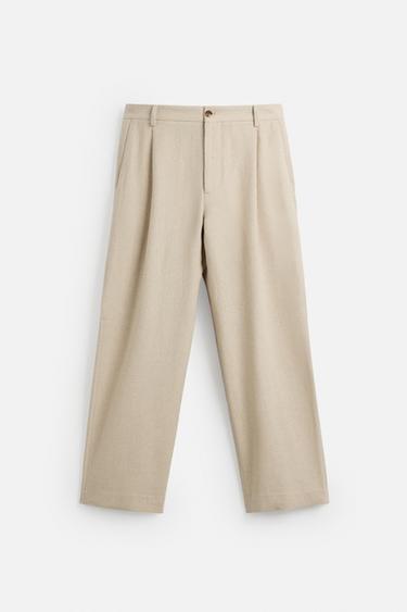 Zara LINEN - COTTON PLEATED PANTS - Light beige