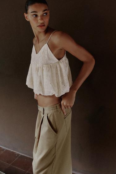 PUFFBALL TOP WITH CUTWORK EMBROIDERY - Ecru by Zara