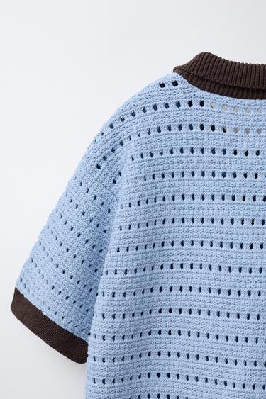 CROCHET KNIT POLO SHIRT - Pastel blue by Zara - Image 3