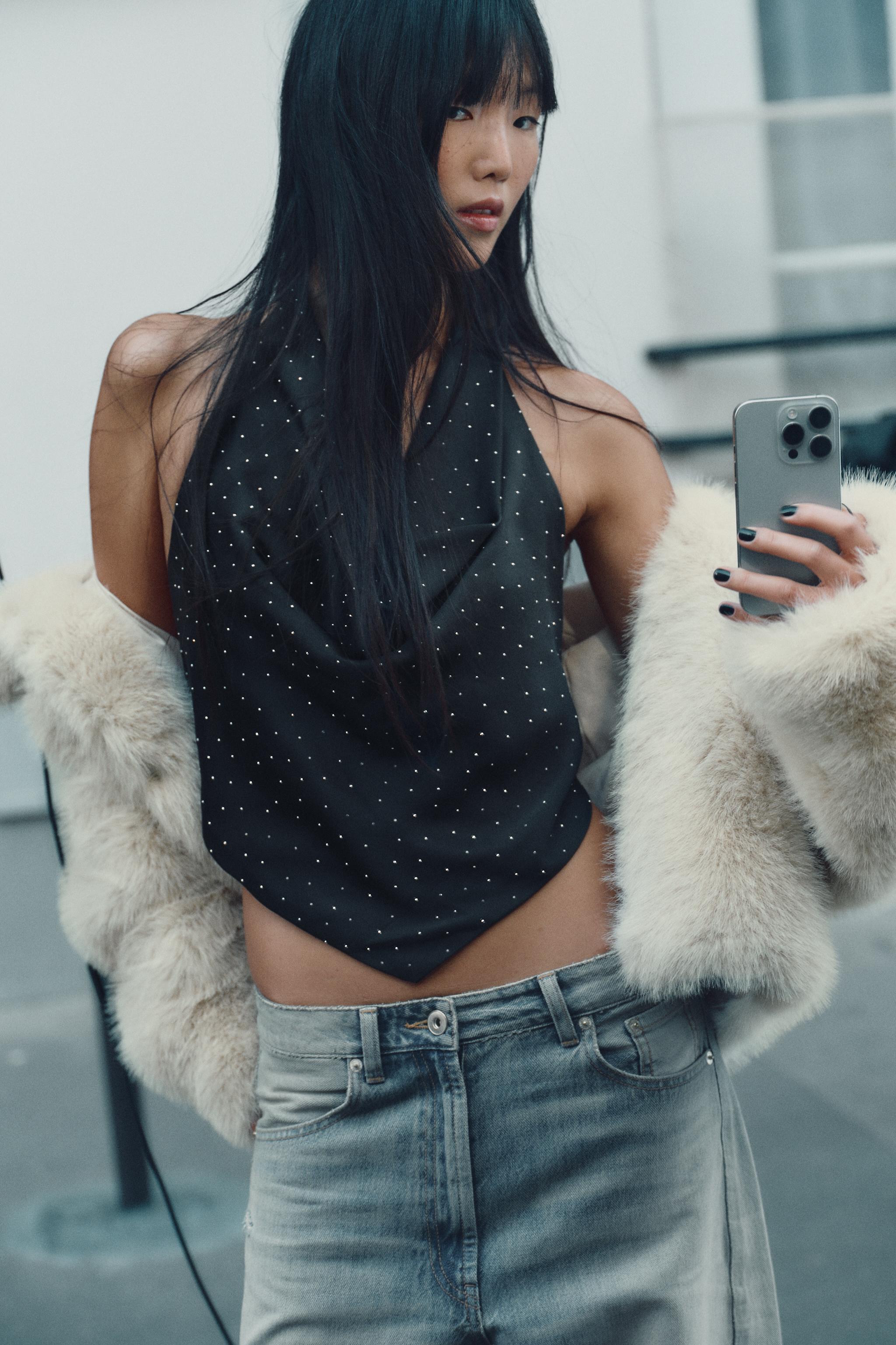 RHINESTONE SATIN EFFECT HALTER TOP - Black | ZARA United States