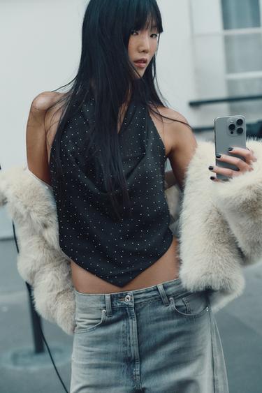 SATIN HALTER TOP WITH RHINESTONES - Black by Zara - Image 2