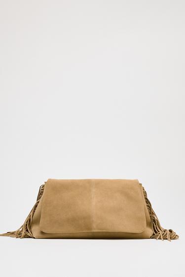SPLIT SUEDE CROSSBODY BAG WITH FRINGING - SAND/BROWN by Zara