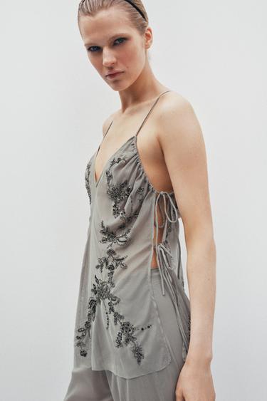 EMBROIDERED SEQUIN TOP - Light grey by Zara