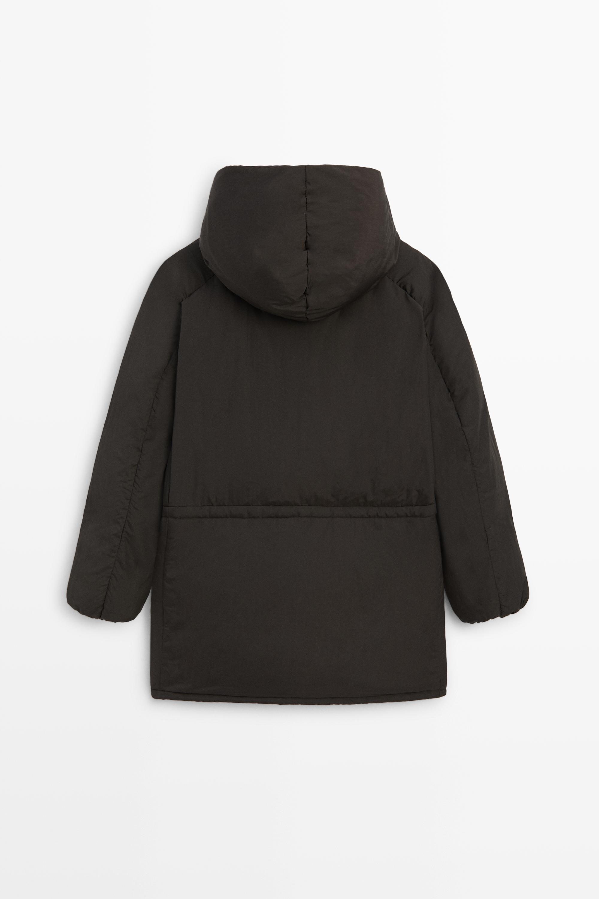 Suede puffer jacket with hood detail