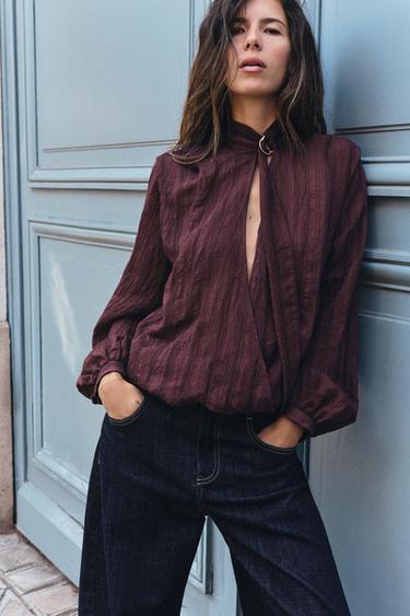 BLUSA CRUZADA ÀS RISCAS - Bordeaux da Zara