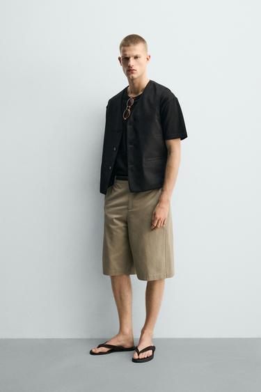 SHORT RELAXED FIT EN COTON ET LIN - brun de Zara - Image 3