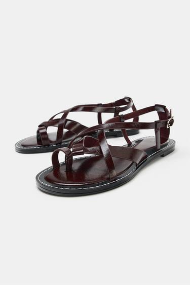 CRISS-CROSS STRAP FLAT SANDALS - Burgundy Red by Zara - Image 3