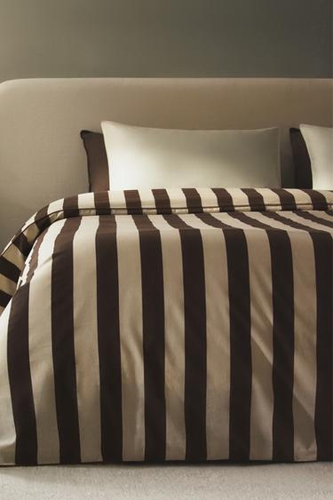 스트라이프 워시드 코튼 이불 커버 - Zara 브라운