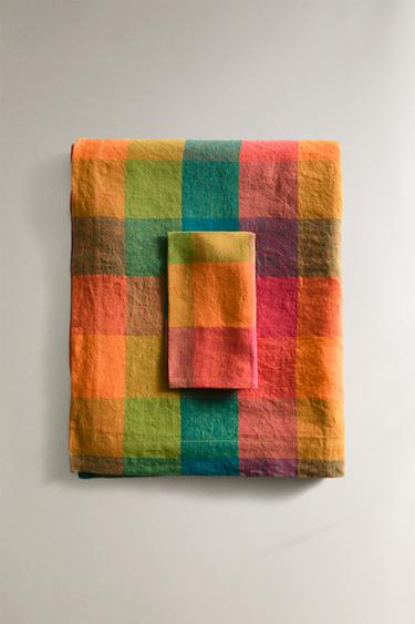 MULTICOLOURED CHECK LINEN TABLECLOTH - Green by Zara