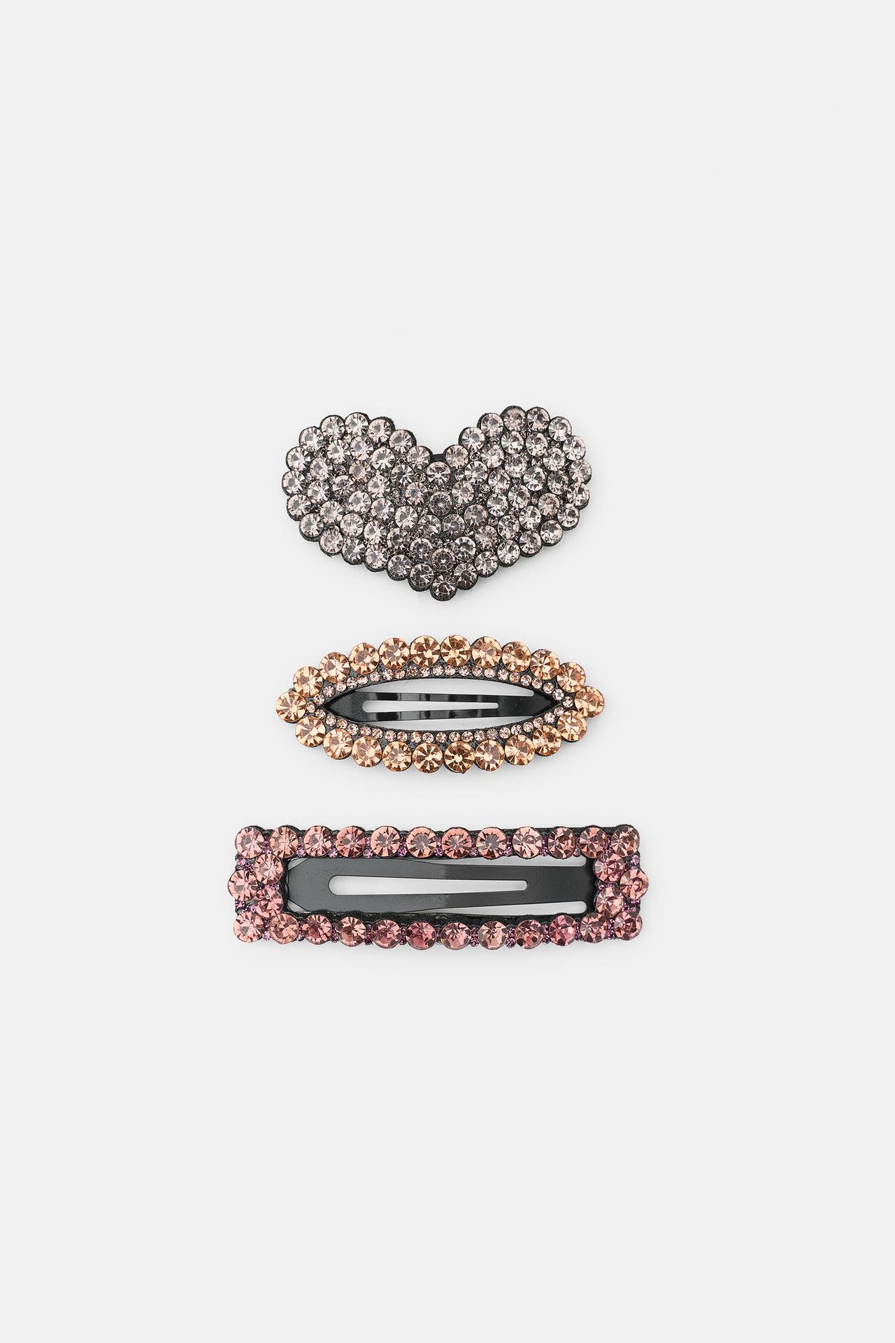 3-PACK OF HEART RHINESTONE HAIR CLIPS — Multicoloured