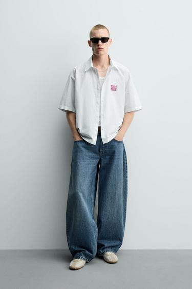 BOXY-FIT-HEMD MIT SCHRIFTZUG - Weiß / Grau von Zara