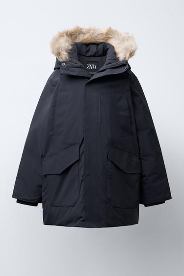 LONG WATER-REPELLENT DOWN PUFFER JACKET WITH DETACHABLE FAUX FUR HOOD — СВИНЦОВЫЙ от Zara