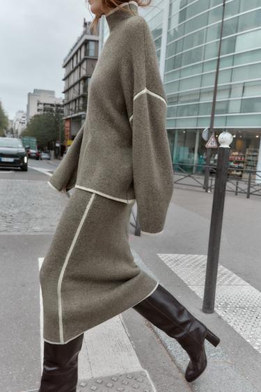 CONTRAST PIPING KNIT MIDI SKIRT - Taupe grey by Zara