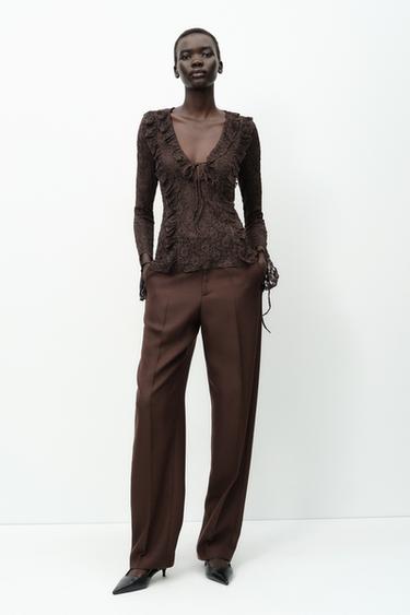 RUFFLED LACE TOP - Chocolate by Zara