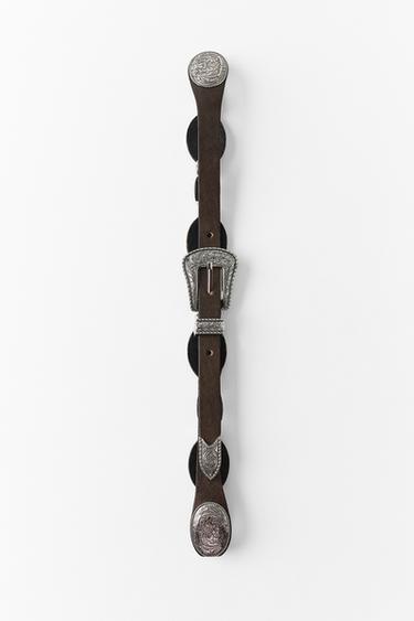 100% LEATHER CONTRAST PLATE BELT - Brown by Zara