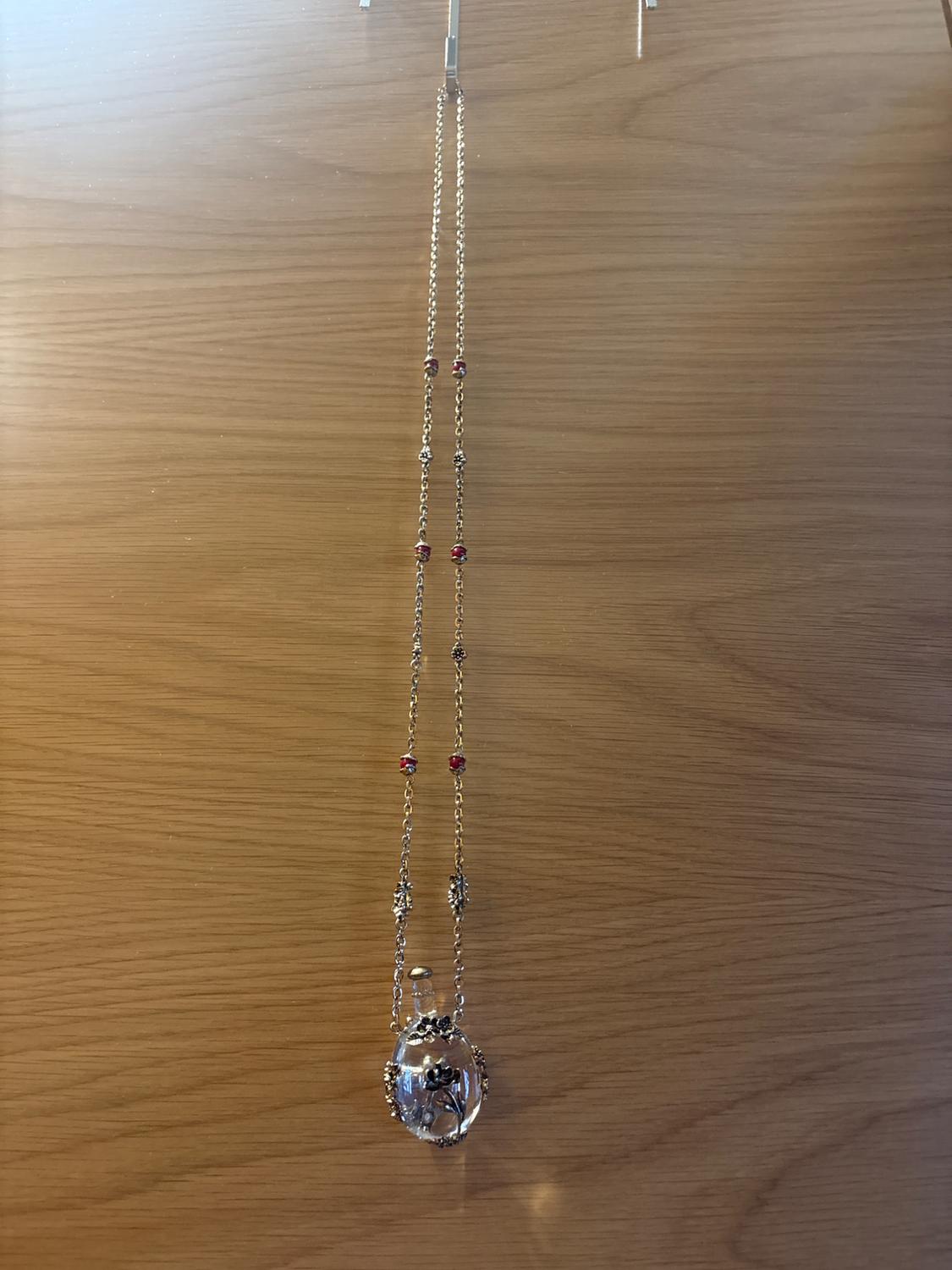 Long necklace with a small bottle-shaped crystal pendant containing a flower, on a chain with red details, against a wooden background.