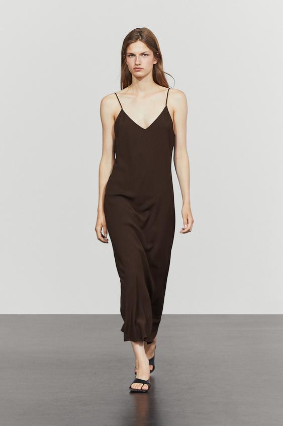 Vestido midi fluido tirantes - Marrón de Zara - Imagen 0