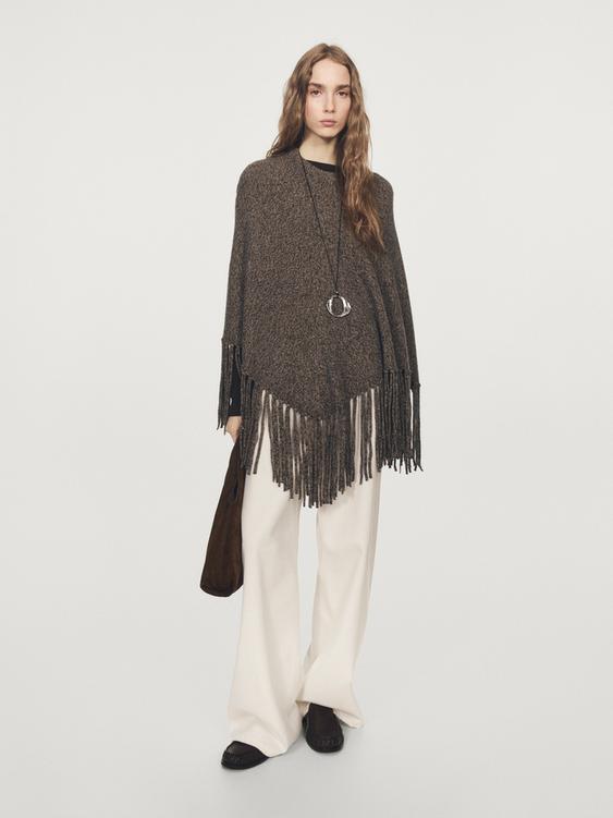 Wool blend mouliné knit cape with fringing