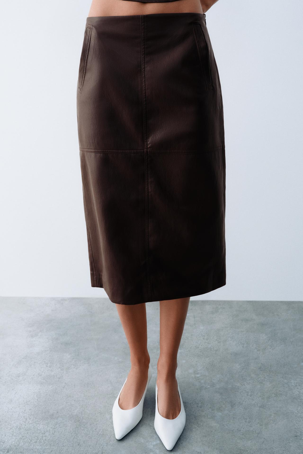 LEATHER-EFFECT MIDI SKIRT — Burgundy