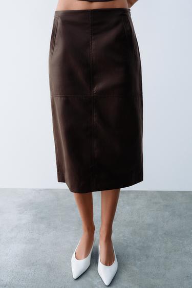 LEATHER-EFFECT MIDI SKIRT — Burgundy 2