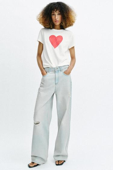 Zara SHORT SLEEVE HEART T-SHIRT - White