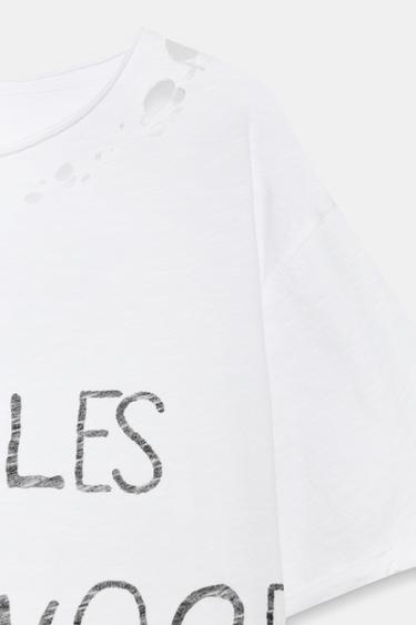 SLOGAN T-SHIRT WITH RIPS - White by Zara - Image 4