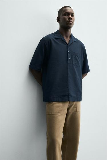 CHEMISE POLO EN COTON ET LIN - Bleu marine de Zara - Image 4