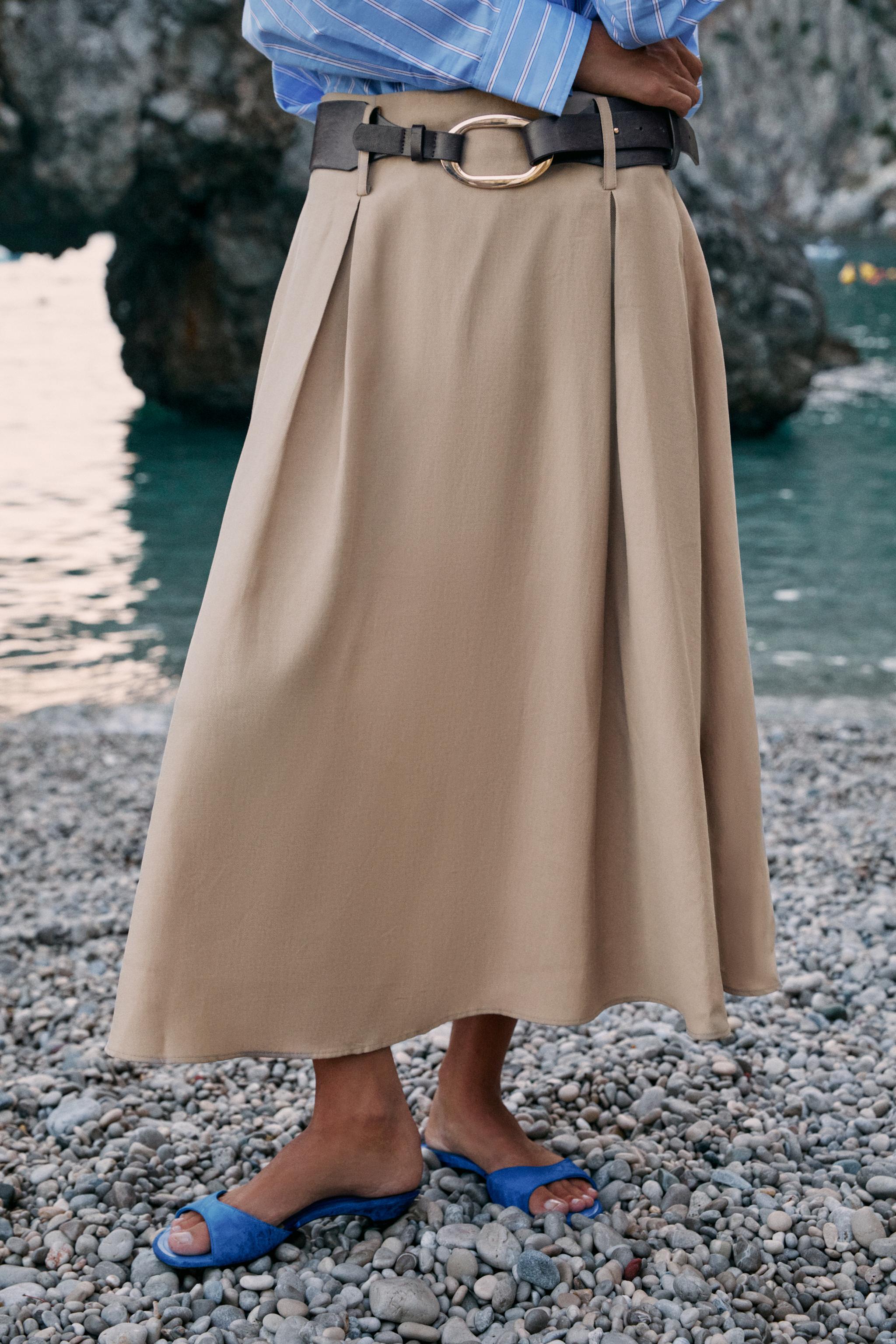 BELTED MIDI SKATER SKIRT — Mid-camel