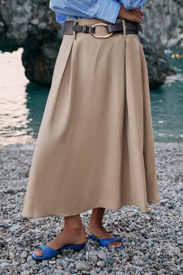 Zara 附腰帶中長版傘裙 - 中駝色