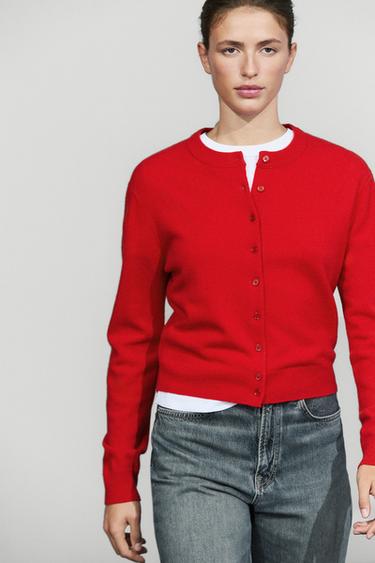 Knit cardigan with button detail — Red 2