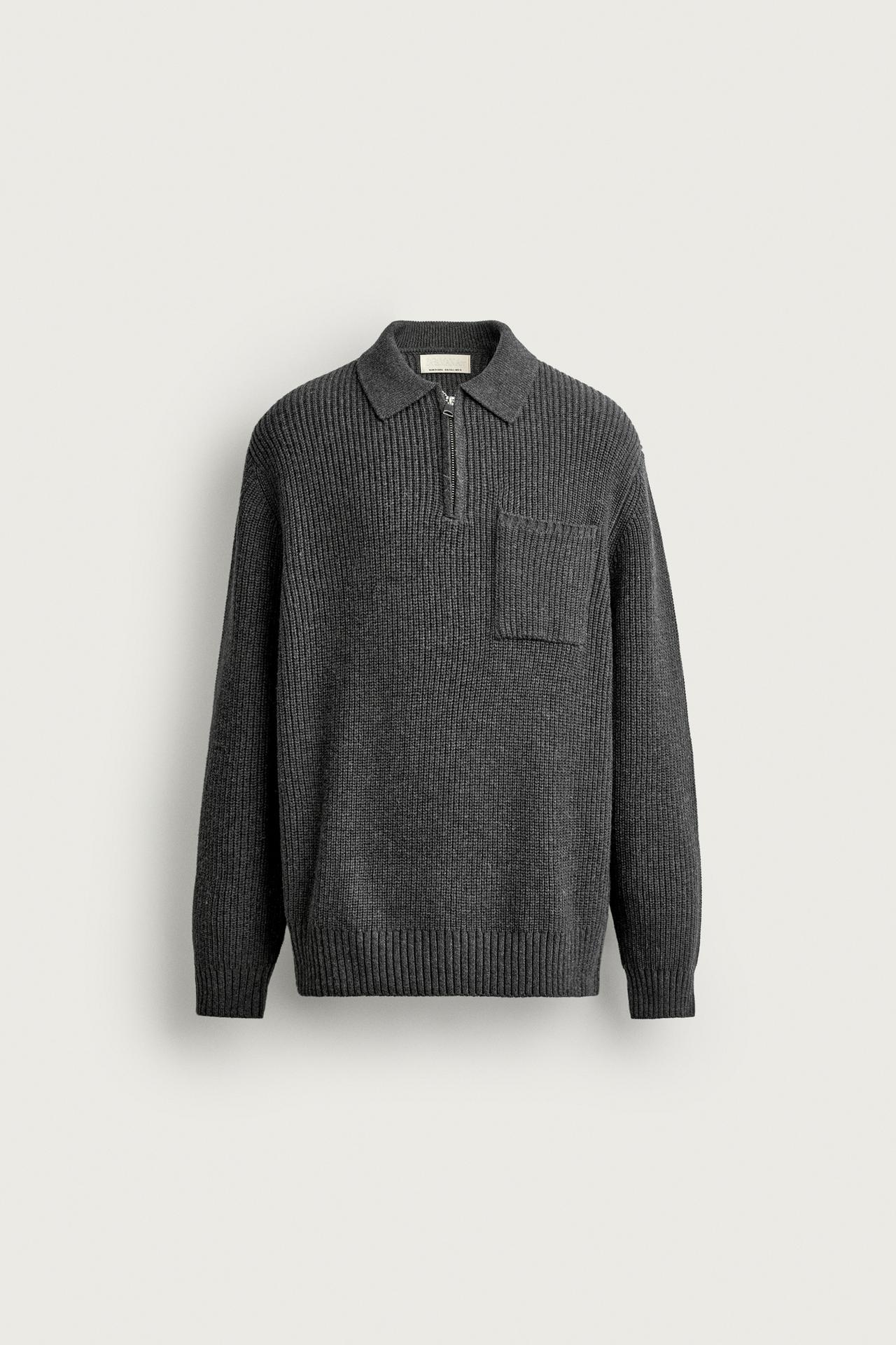 COTTON-WOOL PURL KNIT POLO — Anthracite grey