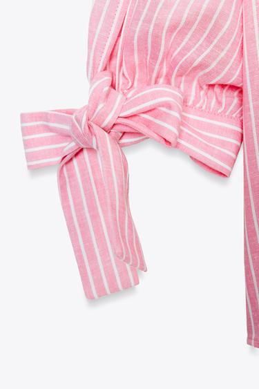 STRIPED LINEN-BLEND SHIRT WITH TIES - Pink / White by Zara - Image 7
