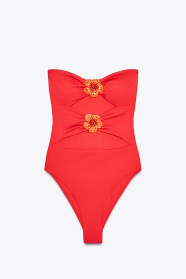 Zara 鏤空花朵無肩帶泳裝 - 珊瑚色