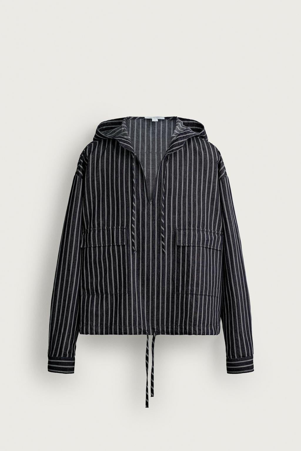 STRIPED COTTON-LINEN HOODED OVERSHIRT