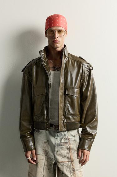 Zara FAUX LEATHER CROPPED JACKET - Olive green