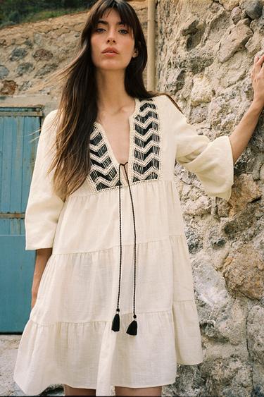 EMBROIDERED PANEL MINI DRESS - Sand by Zara